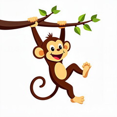 Playful Cartoon Monkey Swinging Happily on Tree Branch Against White Background