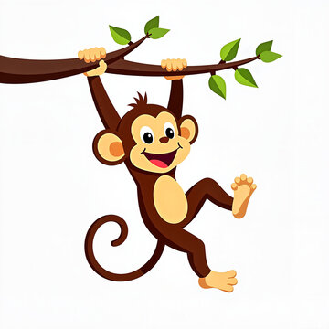 Playful Cartoon Monkey Swinging Happily on Tree Branch Against White Background