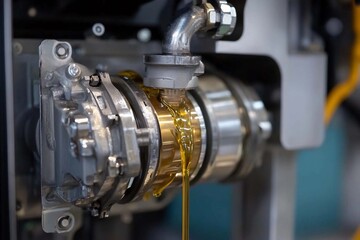 Illustration of a metal machinery component leaking golden oil during operation. Generative AI