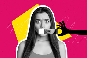 Composite photo collage of dissatisfied girl taped mouth hand pressure bullying censorship...