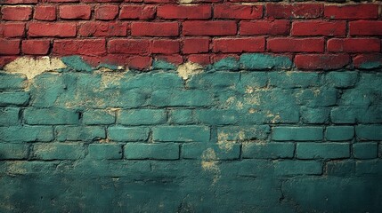 Fototapeta premium A weathered brick wall with red and teal paint