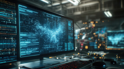 Obraz premium digital workspace filled with advanced technology and gadgets, showcasing high tech computer screen displaying intricate data visualizations and network connections. atmosphere is futuristic and