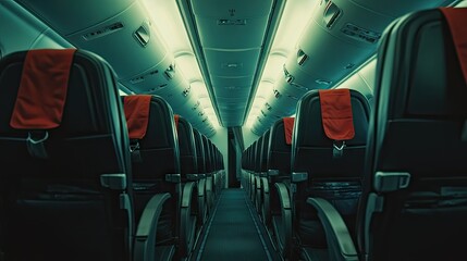 Naklejka premium Empty rows of seats on an airplane, with seatbelts neatly placed and overhead bins closed, capturing a tidy cabin look