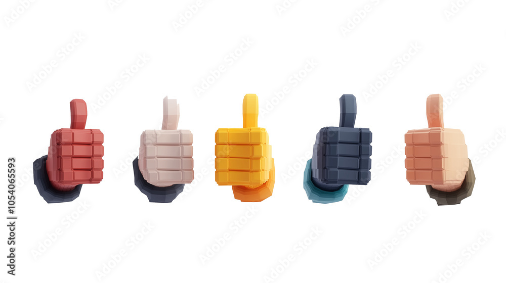 Poster five colorful 3d cartoon hands show thumbs up, symbolizing approval and positivity. each hand is uni