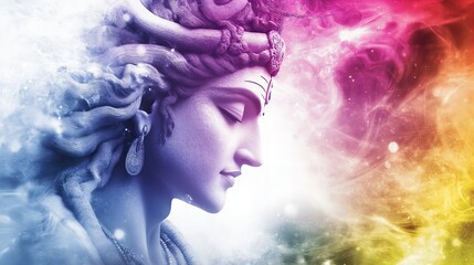 Fototapeta premium A serene sculpture of a Hindu deity with a colorful and vibrant background.