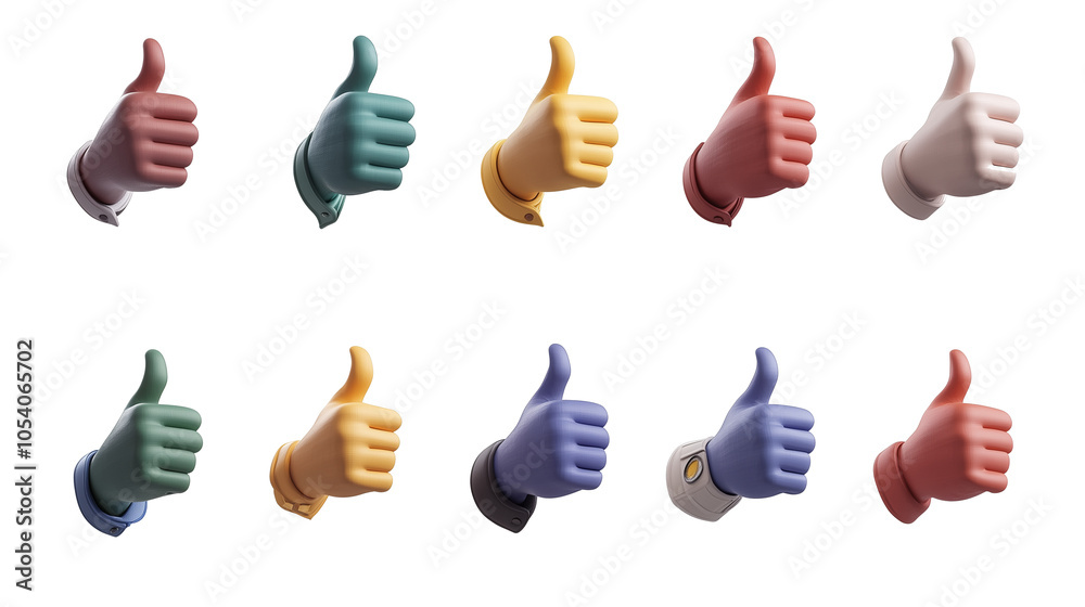 Poster collection of colorful 3d cartoon hands showing thumbs up, each with unique color and style, conveyi