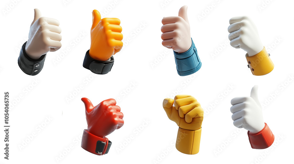 Poster collection of various 3d cartoon hands showing thumbs up, each with different colors and styles, con