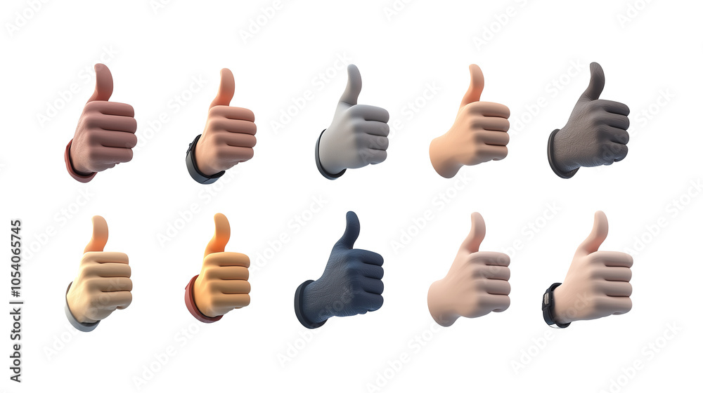 Poster Various 3D cartoon hands showing thumbs up in different colors and styles, symbolizing approval and positivity. diverse designs add playful and engaging touch. png transparent background