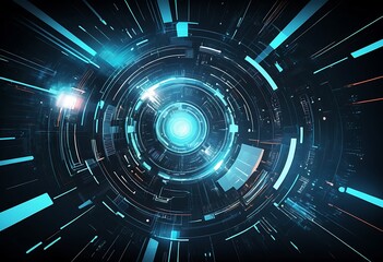 Fototapeta premium A high-tech circular digital interface design in blue and black with illuminated rings and geometric patterns