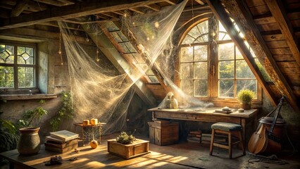 Obraz premium Sunlight Streams Through Cobwebs in a Dusty Attic Room, Illuminating Wooden Beams and a Forgotten Instrument