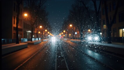Frosty branch in focus, blurred city lights and street at dusk, winter scene, serene atmosphere. Generative, AI.

