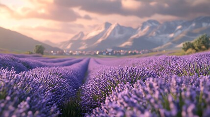 Lavender Field in a Golden Hour Landscape