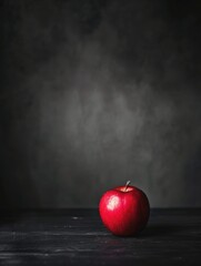 Red apple sits on a wooden table. The apple is shiny and looks fresh. The table is dark and the apple is the only object in the image