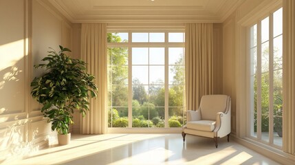 Fototapeta premium Light-toned living space, elegant armchair, greenery, ceiling lamp, plenty of blank wall space for design.