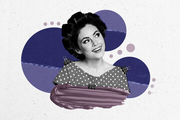 Composite photo collage of happy girl wear curlers hairdo dotted dress housewife clip magazine...