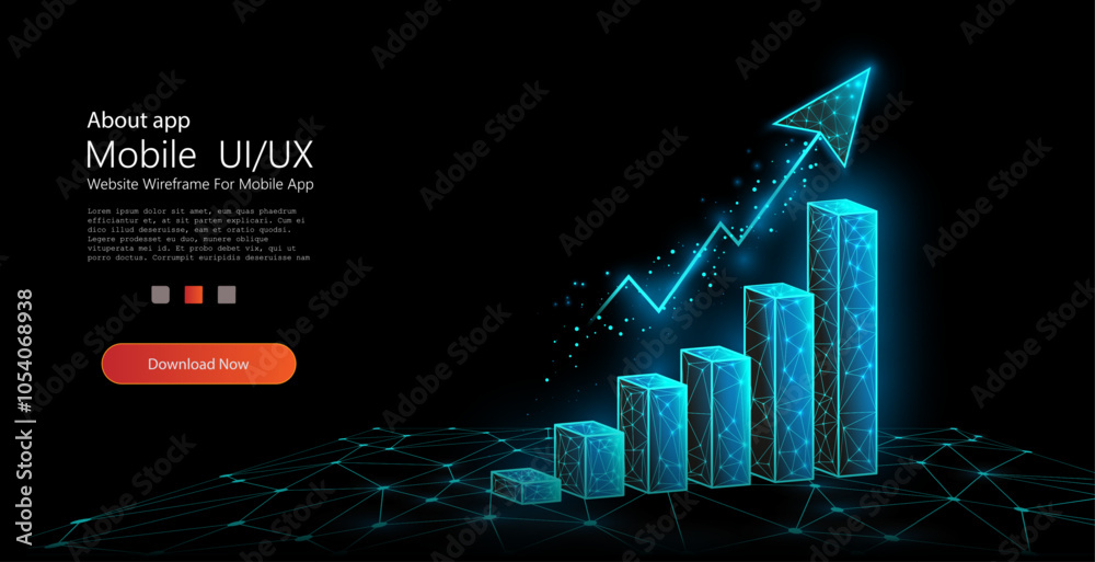 Poster a digital 3d bar chart with neon blue bars and an upward-pointing arrow against a dark background, s