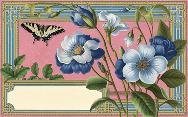 Vintage floral design with blue and white flowers on a pink background  perfect for spring wedding invitations   