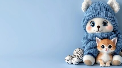 Fototapeta premium Cute Bear and Kitten in Winter Outfits on Blue Background