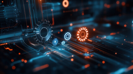 abstract representation of business plan featuring gears and circuit patterns, symbolizing technology and innovation in digital environment