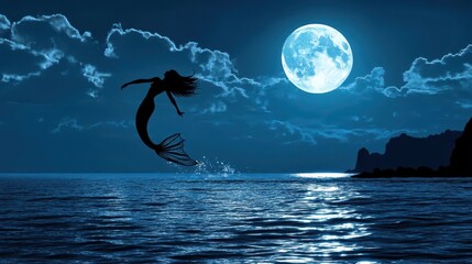 A mermaid silhouette flipping her tail gracefully as she leaps from the ocean in the moonlight