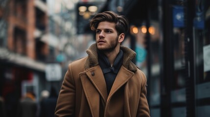 Fototapeta premium A bearded man in city attire ponders in an urban setting with overcast lighting, evoking a sense of anticipation and sophistication.