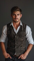 Obraz premium A young man in formal attire with short brown hair stands confidently against a dark grey background, exuding a serious and focused demeanor.