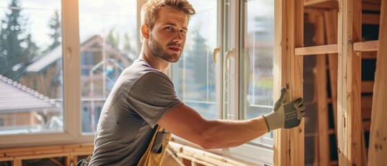 Man in gray shirt with work gloves smiles by window in under-construction house, wooden beams visible. Bright, optimistic vibe with thumbs up gesture.