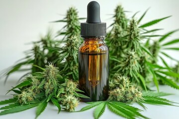 Fototapeta premium Cannabis oil bottle with fresh hemp flowers and leaves on a white surface promoting the therapeutic benefits of CBD oil and its natural plant based healing properties