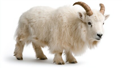 Mountain Goat with Large Curved Horns Standing on White Background