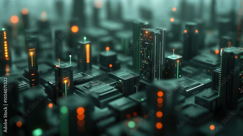 Poster futuristic urban landscape with neon technology and abstract architecture in a digital world