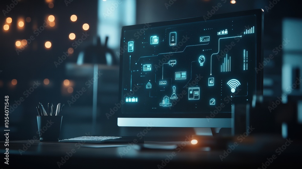 Poster Modern digital workspace with data visualization and connectivity insights