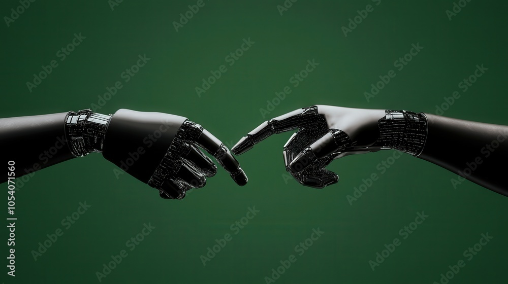 Poster the intersection of humanity and technology a symbolic touch between robotic hands