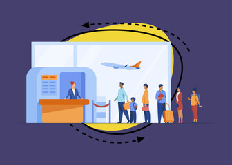 Obraz premium Airport queue vector illustration. Line of tourists standing at check in desk. Flight passengers waiting for boarding to plane in departure area