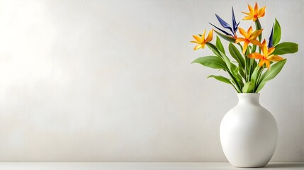 Vibrant Vase with Exotic Bird of Paradise Flowers on Minimal Background