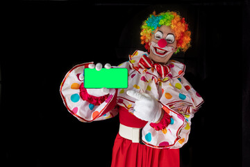 Funny clown with heart shaped glasses with smartphone with green screen for template, man...