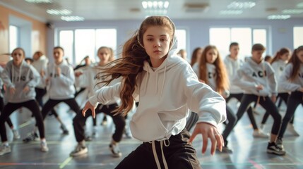In a vibrant dance studio setting, a girl leads a hip hop session with nine others in colorful outfits. Energy, passion, and dynamic movements fill the well-lit space.
