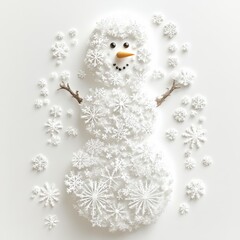 Obraz premium A charming 3D snowman made of delicate snowflakes, set against a bright white background. The snowman has a joyful expression, capturing the essence of holiday cheer
