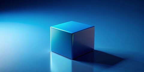 Obraz premium A solitary blue cube reflects on a smooth surface, a minimal composition bathed in an ethereal light.