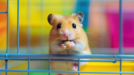 Fototapeta premium A curious hamster peeking out from its colorful cage, holding a small treat in its paws