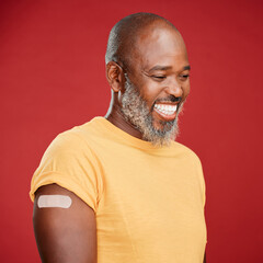 Black man, plaster and vaccination for infection on studio background, injection and treatment....