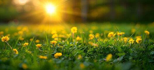 Obraz premium Beautiful spring meadow with green grass and yellow flowers at sunset, blurred background. 