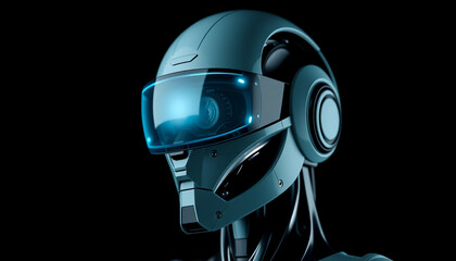 Close-up of advanced humanoid robot head in blue and silver design