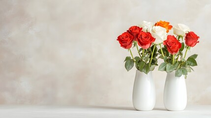 Fototapeta premium Striking Red Roses in a Tall Vase Against a Light Background with Copy Space