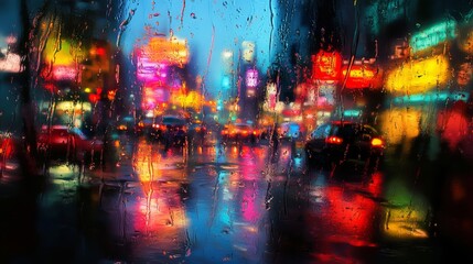 Neon Reflections, an abstract composition of blurred neon signs shimmering in a puddle, creating a vibrant urban atmosphere.
