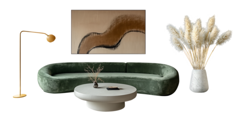 Green sofa and plant isolated on white