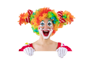 Funny female clown peeking out from behind sign blank template mock up for advertising, posters, greetings, invitations. Entertainer as Joker in a suit and wig, with clown whiteface makeup.