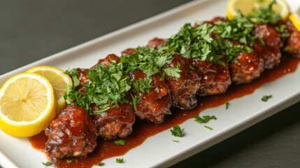 Golden baked wings coated in a smoky barbecue sauce, arranged with lemon slices and fresh parsley for a mouthwatering presentation
