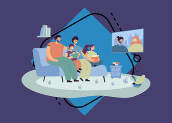 Happy family watching movie vector illustration. Parents and children cuddling on couch, sharing popcorn, having movie night at home. Family reunion, parenting, quality time, entertainment concept
