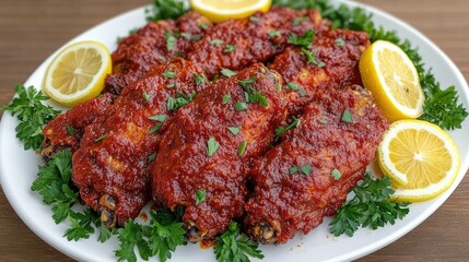 Golden baked wings coated in a smoky barbecue sauce, arranged with lemon slices and fresh parsley for a mouthwatering presentation