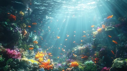 A vibrant coral reef teeming with life, bathed in sunlight.